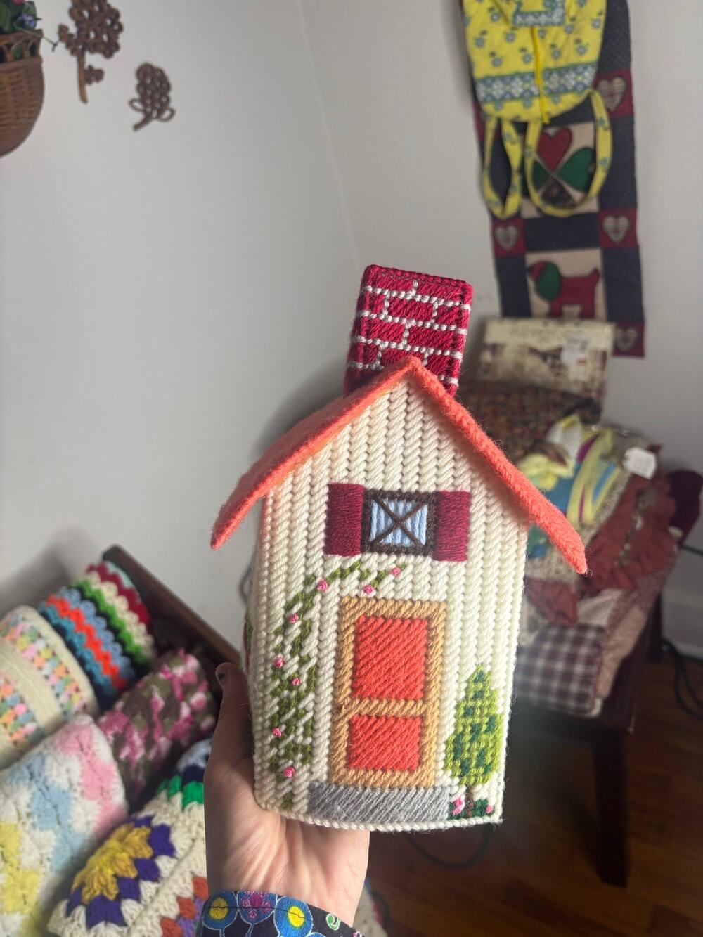 Vintage Crochet Cottage Tissue Box Cover Handmade House Grandmacore Boho